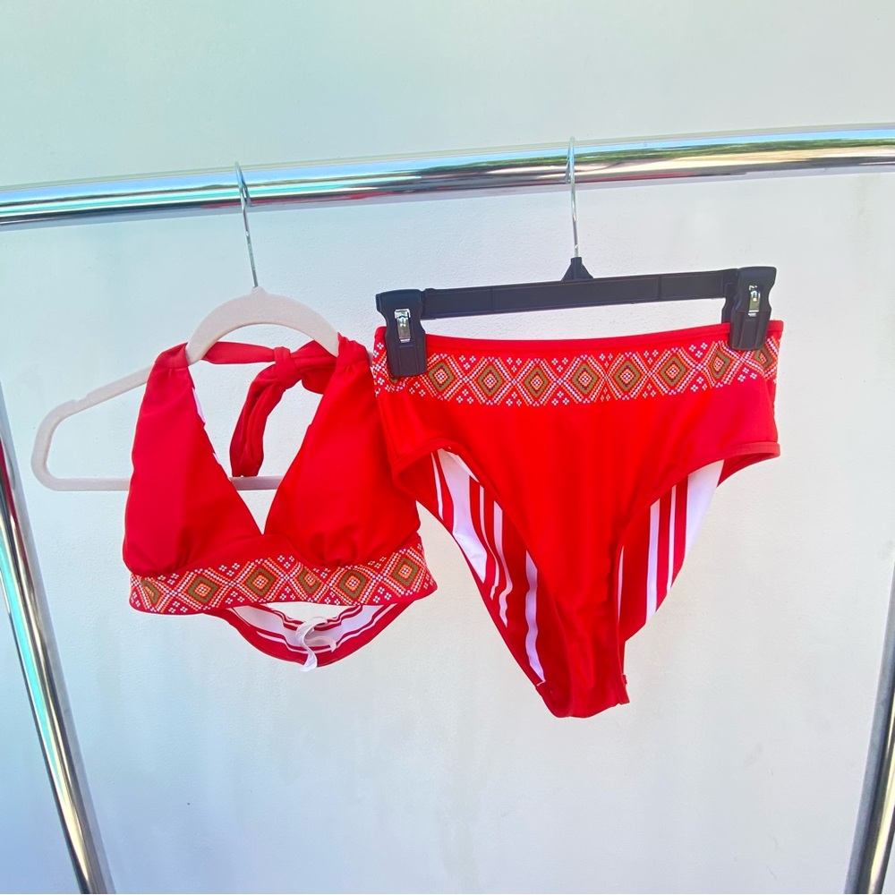 Red & White Tribal Stripe High Waist Bikini Set Size Small